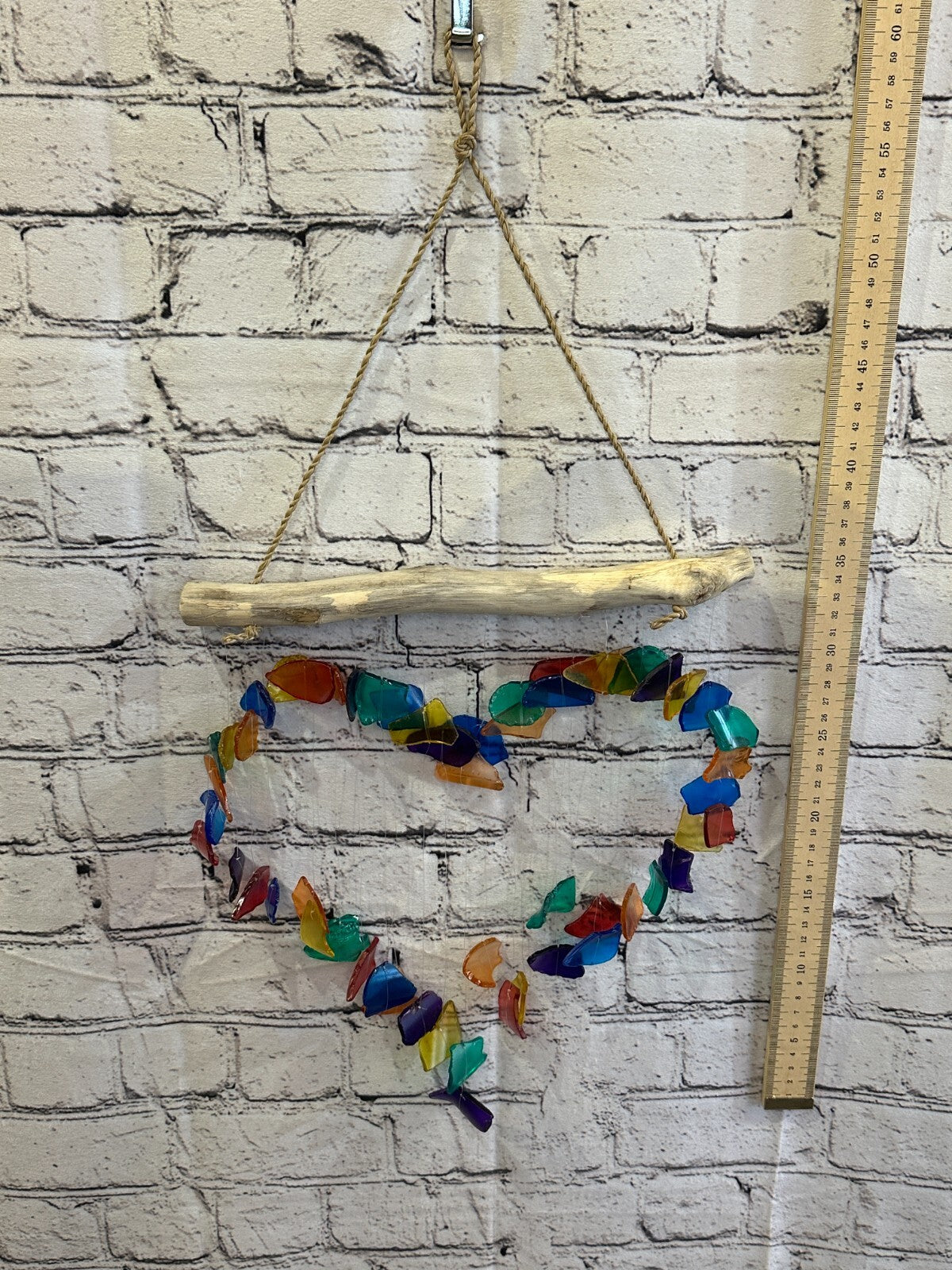 35cm x 25cm Rainbow Heart Recycled Glass Driftwood Handmade Garden Home Mobile
