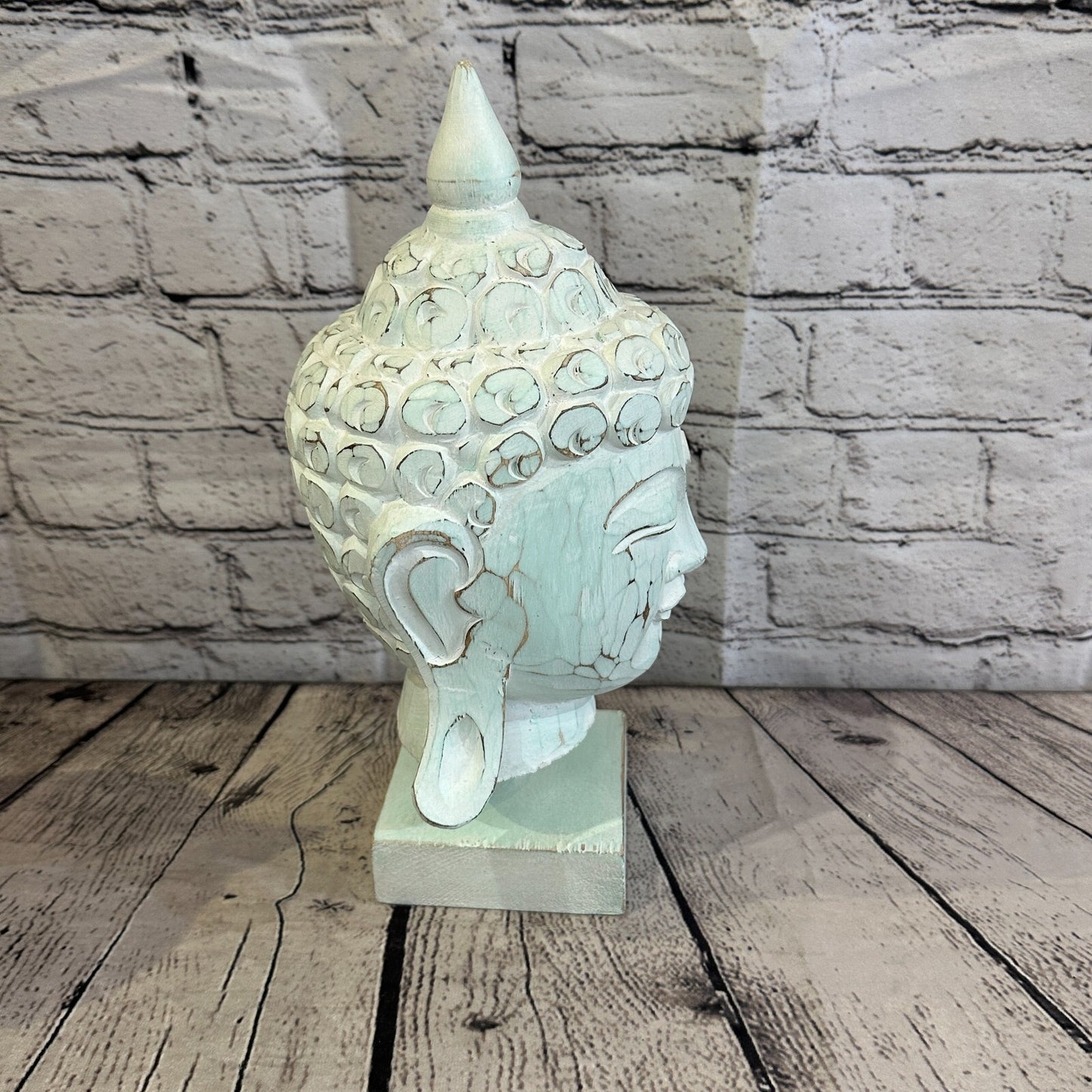30cm Green Buddha Head Wooden Standing Statue Figurine Ornament Fair Trade