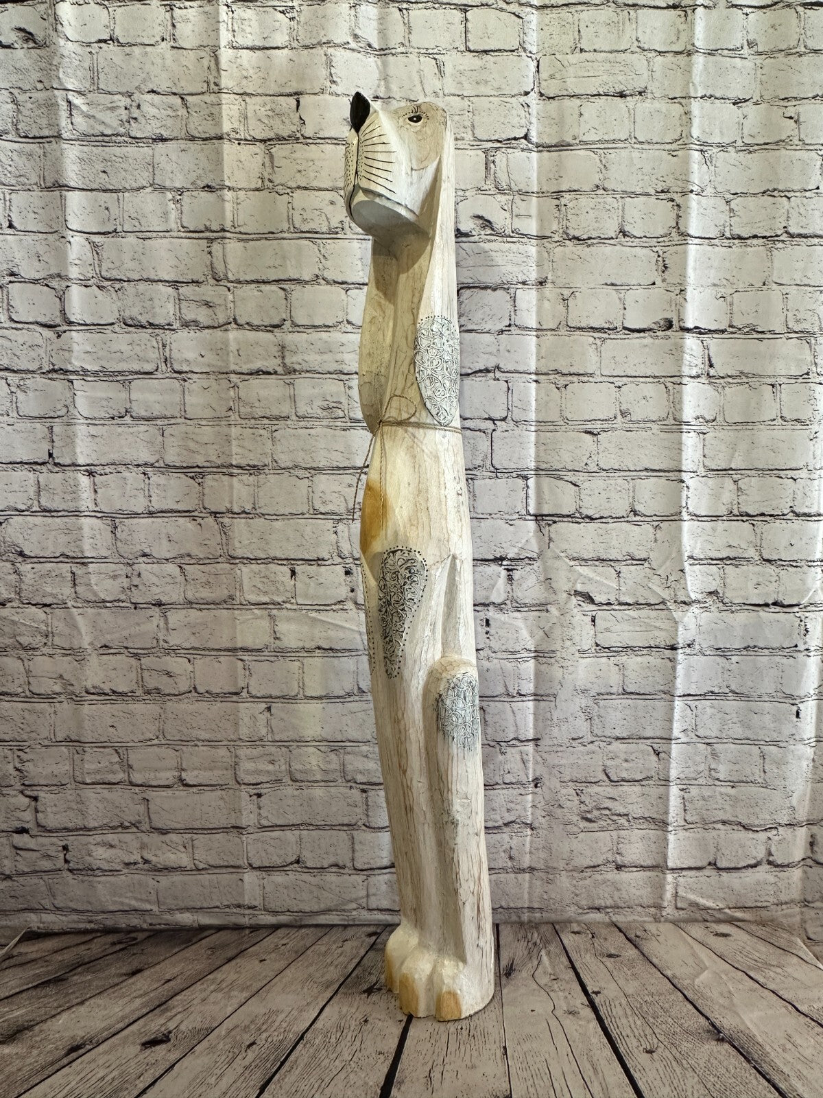 100cm White Flower Wooden Shabby Dog Statue Ornament Fair Trade Handcarved
