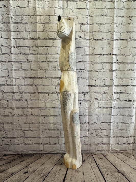 100cm White Flower Wooden Shabby Dog Statue Ornament Fair Trade Handcarved