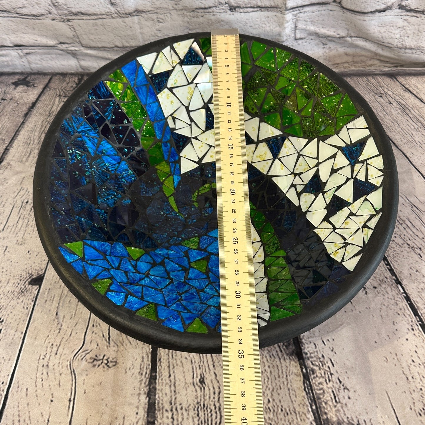 35cm Blue Green Swirl Round Mosaic Handmade Ceramic Glass Tile Bowl Fruit