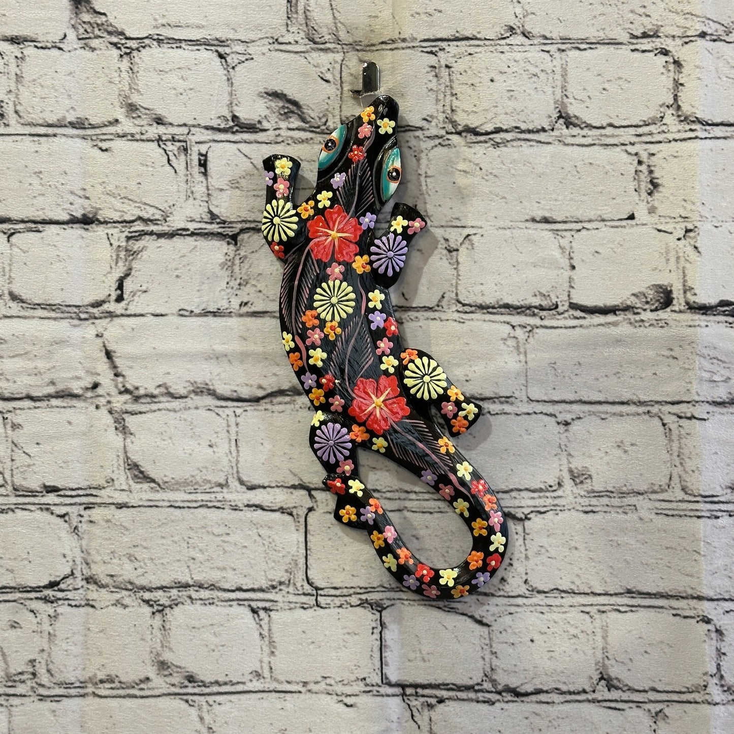 30cm Gecko Lizard Black Flower Wood Wall Hanging Wooden Ornaments Carving