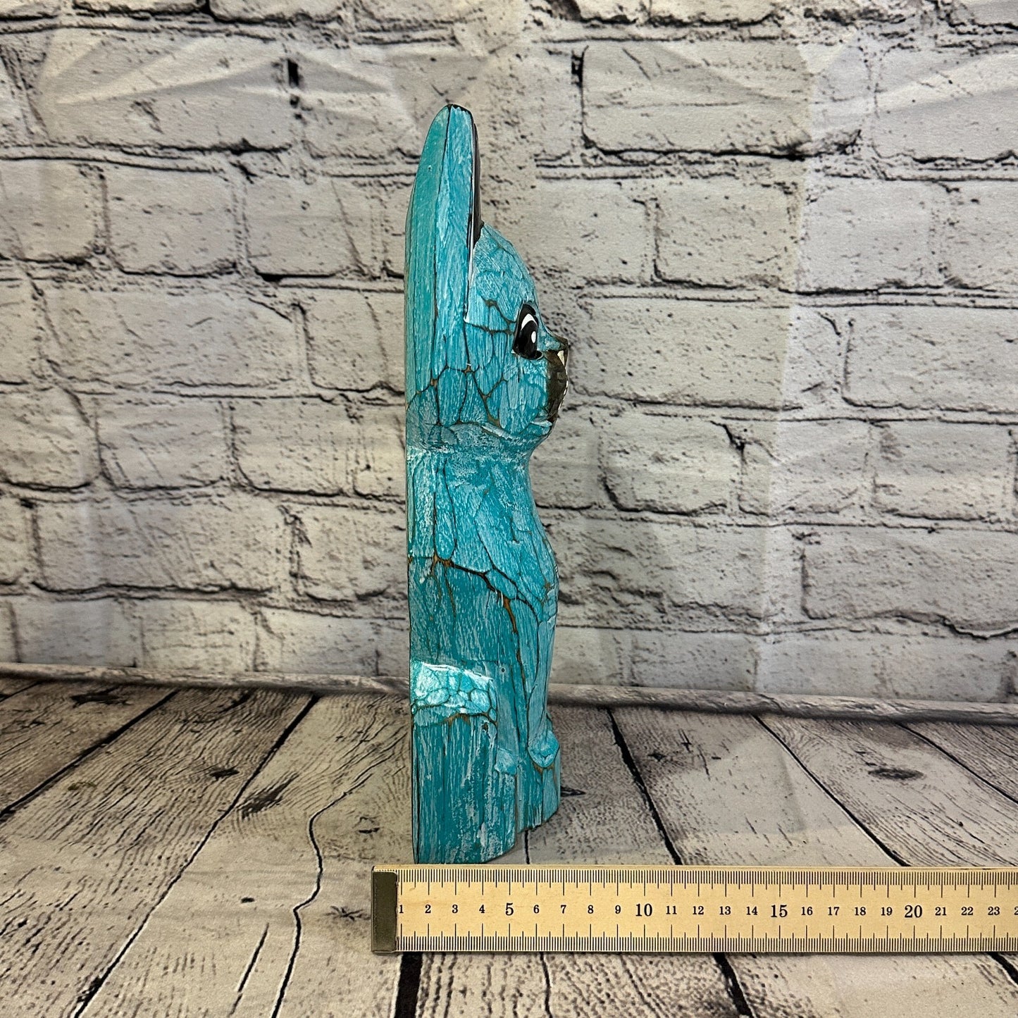 30cm x 12cm Green Flower Wooden Shabby Cat Statue Ornament Fair Trade Handcarved