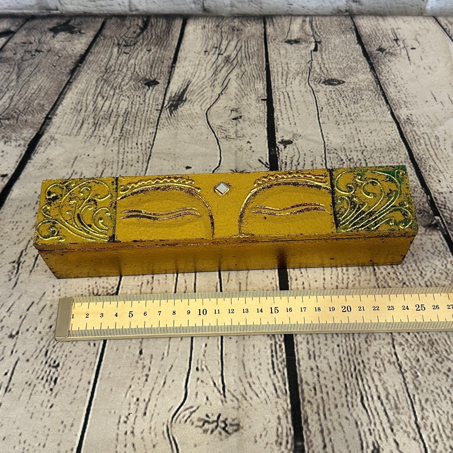 Bright Gold Thai Plain Buddha Eyes 25cm x 5cm x 5cm Wooden Box Trinket Handmade