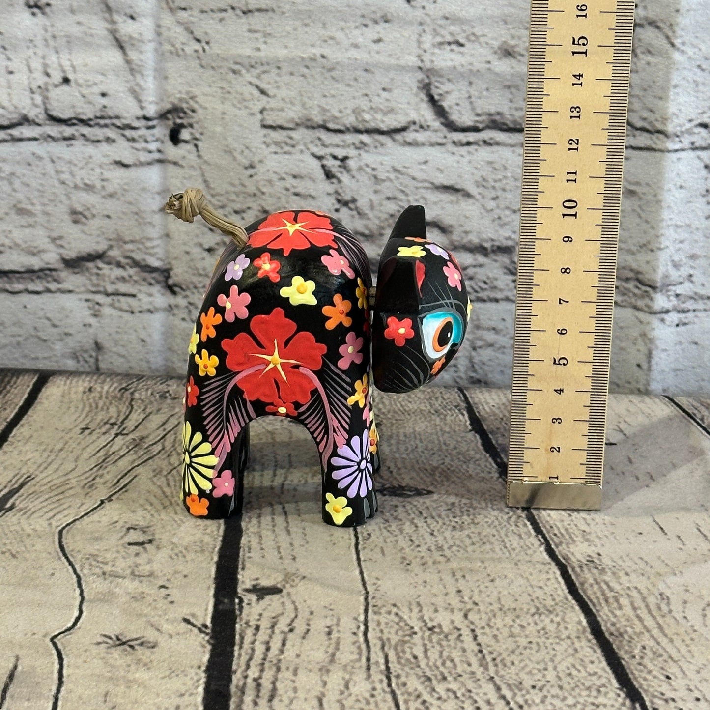 Black Small Wooden Cat With Flower Pattern 10cm x 8cm Handmade and Fairtrade