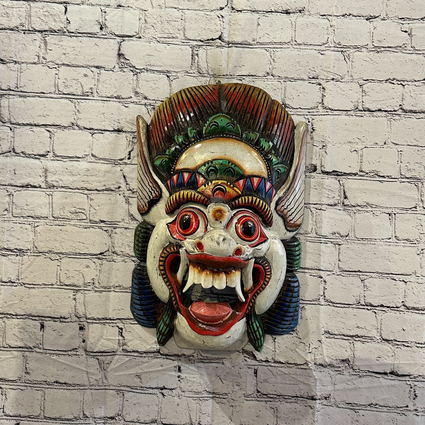 Large Wooden White Barong Wall Mask 50cm x 30cm Handmade And Fairtrade