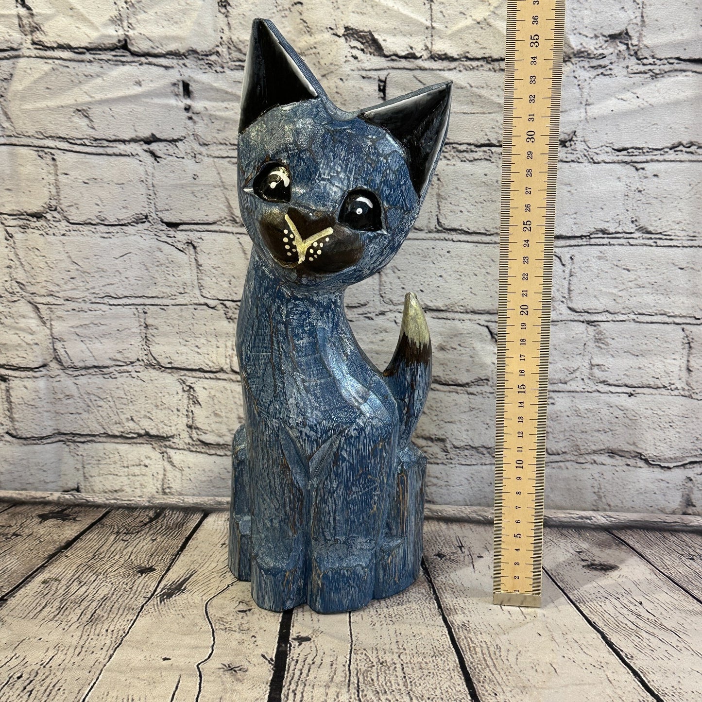 35cm x 15cm Blue Flower Wooden Shabby Cat Statue Ornament Fair Trade Handcarved