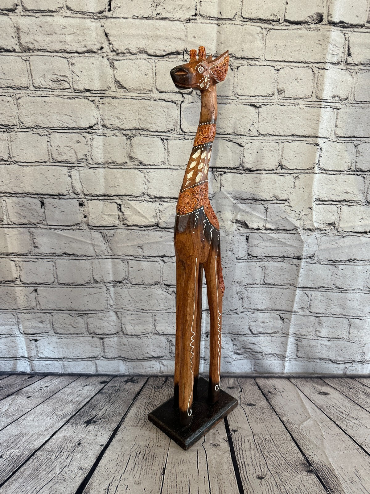 60cm Brown Painted Wood Giraffe Tall Statue Wood Modern Hand Carved Painted