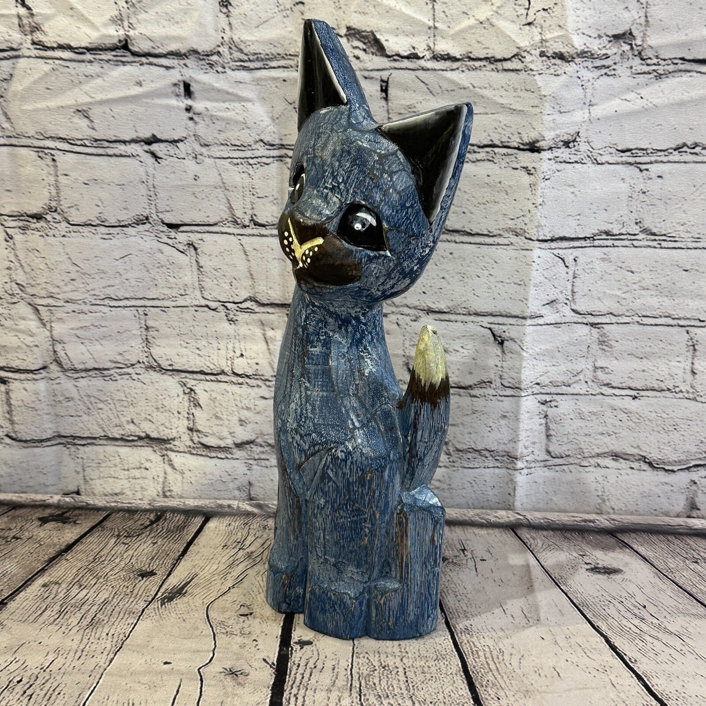 35cm x 15cm Blue Flower Wooden Shabby Cat Statue Ornament Fair Trade Handcarved