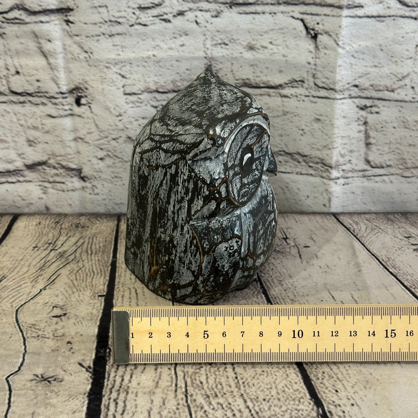 12cm x 10cm Black Flower Wooden Shabby Owl Statue Ornament Fair Trade Handcarved