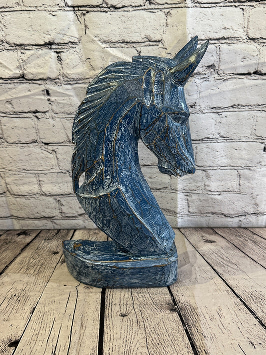 Blue Wooden 40cm x 20cm Horse Head Bust Hand Carved Wood Sculpture
