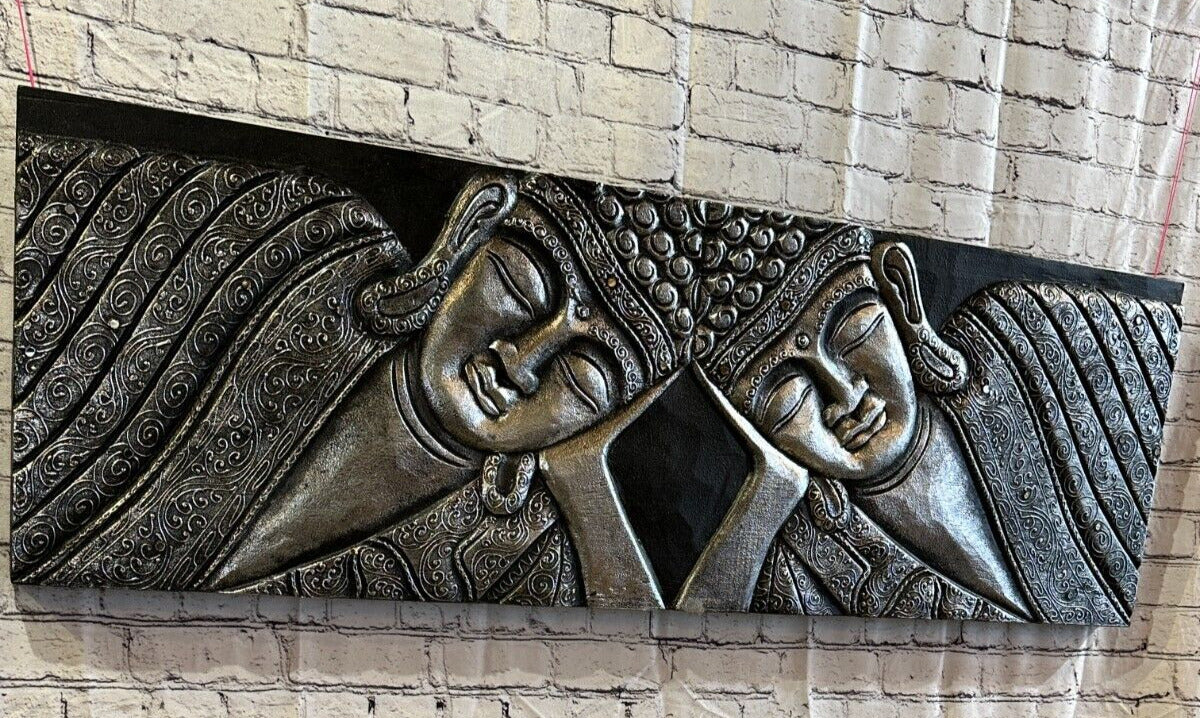 110cm x 40cm Buddha 2 Faces Silver Wooden Wood Panel Wall Art Plaque Handcarved