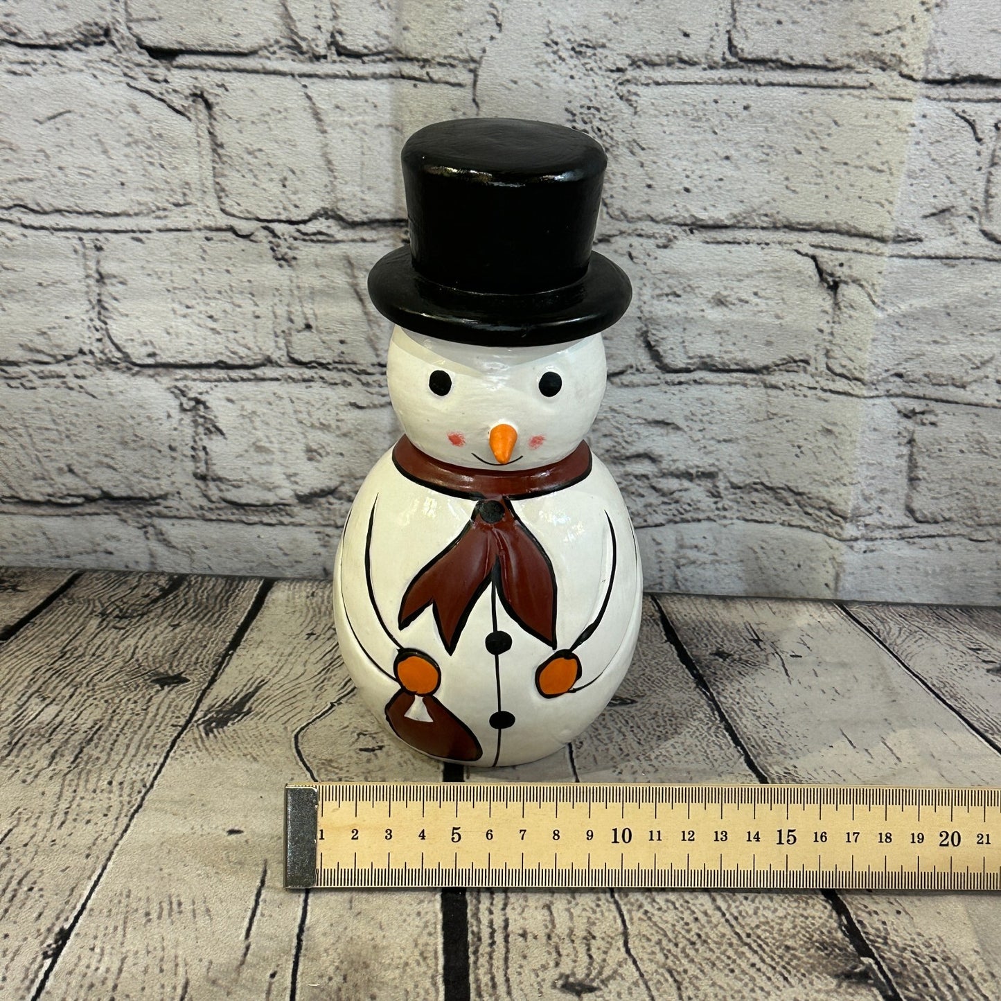 20cm x 10cm Black Top Hat Snowman Handcrafted Wood Xmas Christmas Ornament