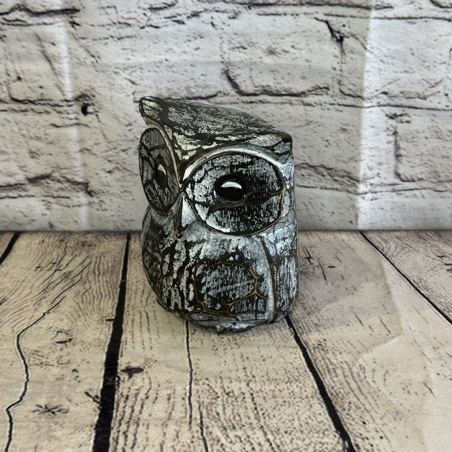 12cm x 10cm Black Flower Wooden Shabby Owl Statue Ornament Fair Trade Handcarved
