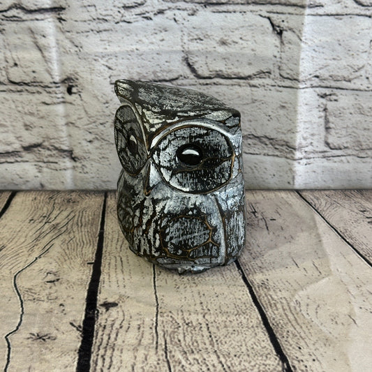 12cm x 10cm Black Flower Wooden Shabby Owl Statue Ornament Fair Trade Handcarved