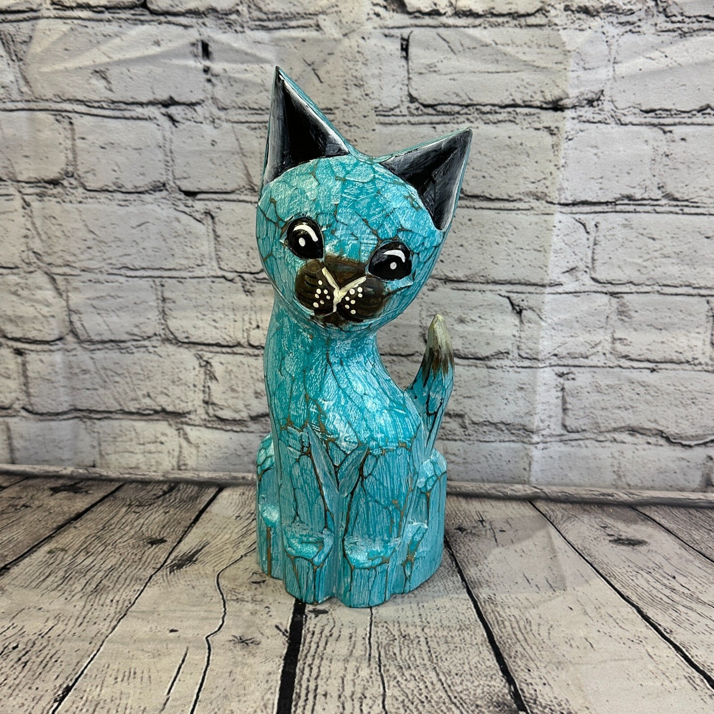 30cm x 12cm Green Flower Wooden Shabby Cat Statue Ornament Fair Trade Handcarved