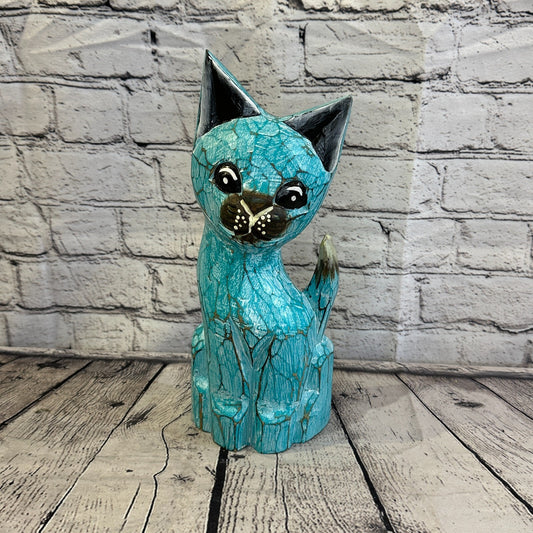 30cm x 12cm Green Flower Wooden Shabby Cat Statue Ornament Fair Trade Handcarved