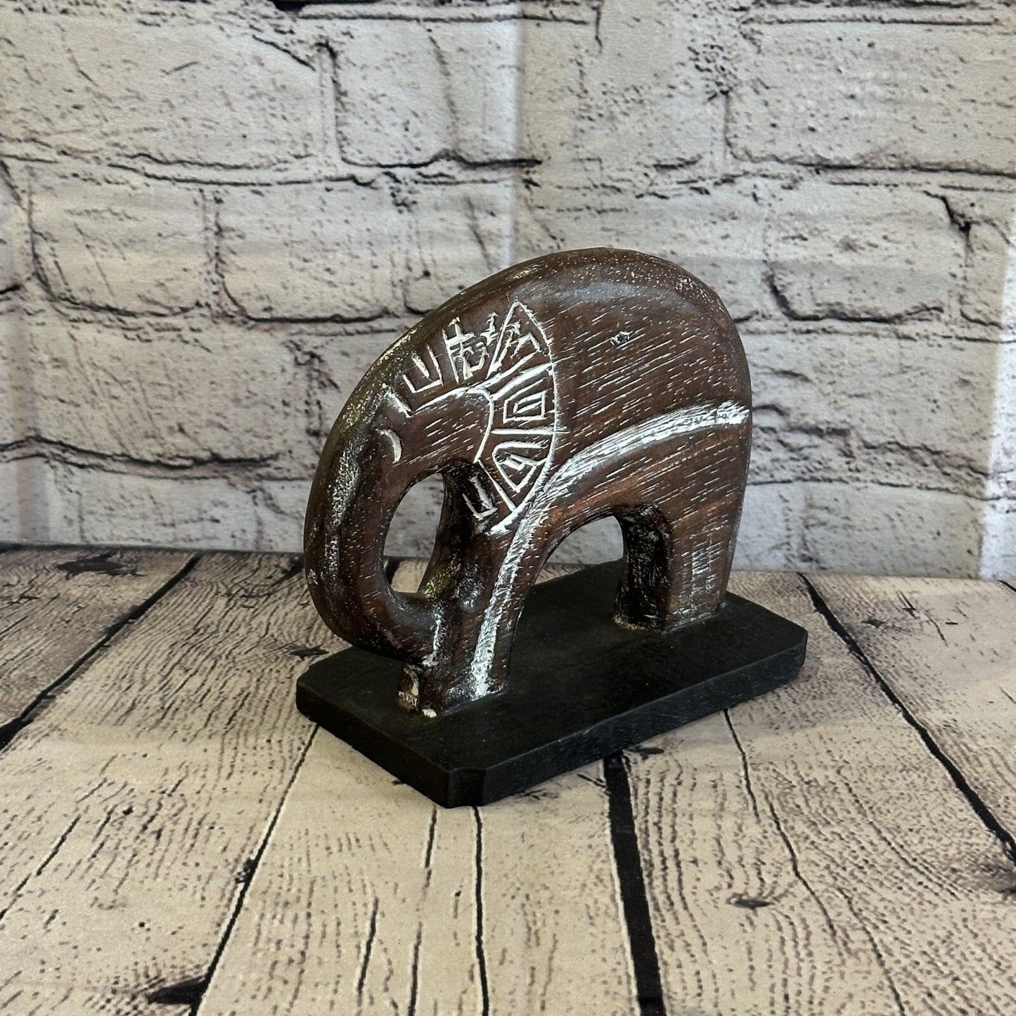 15cm x 15cm Wooden Tribal Primitive Black Elephant Round Stand Sculpture Statue