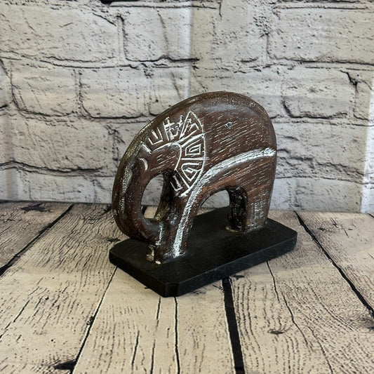 15cm x 15cm Wooden Tribal Primitive Black Elephant Round Stand Sculpture Statue