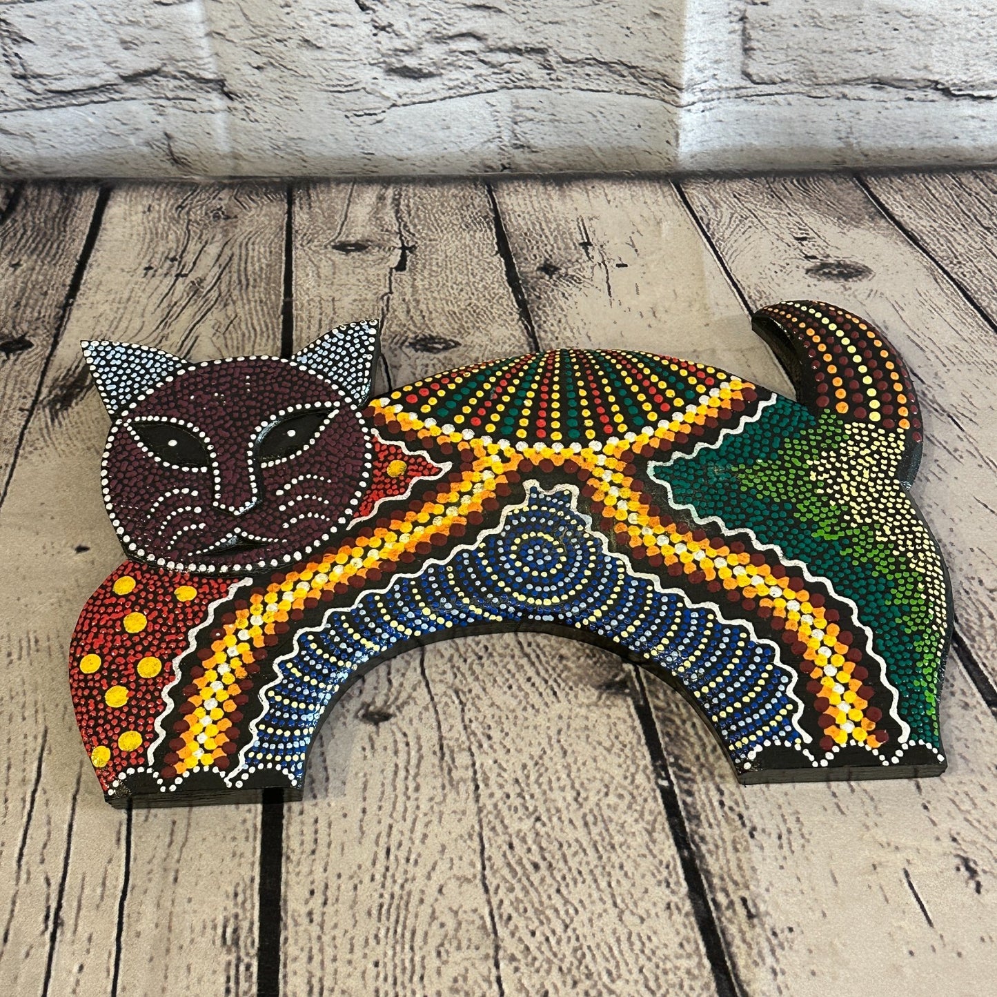 30cm Purple Cat Carved Wooden Dot Painted Ethnic Tribal Tiki Wall Art Handmade