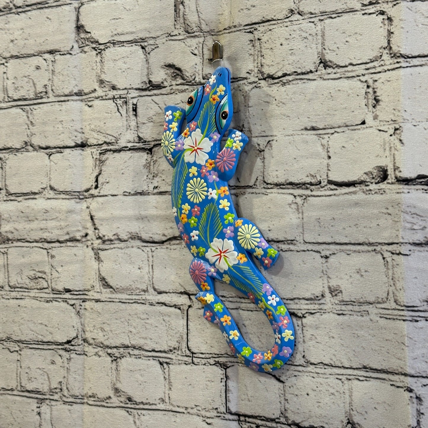 30cm Gecko Lizard Blue Flower Wood Wall Hanging Wooden Ornaments Carving