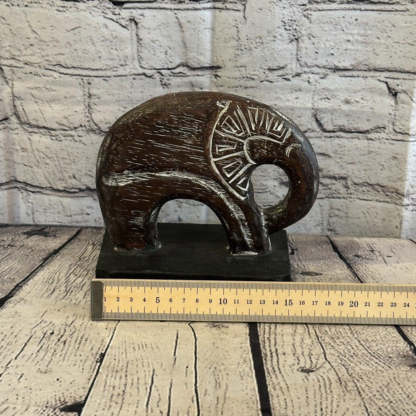 15cm x 15cm Wooden Tribal Primitive Black Elephant Round Stand Sculpture Statue