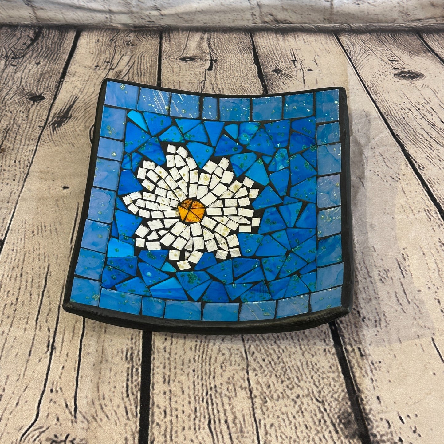 20cm Blue Daisy Flower Square Mosaic Handmade Ceramic Glass Tile Bowl Fruit