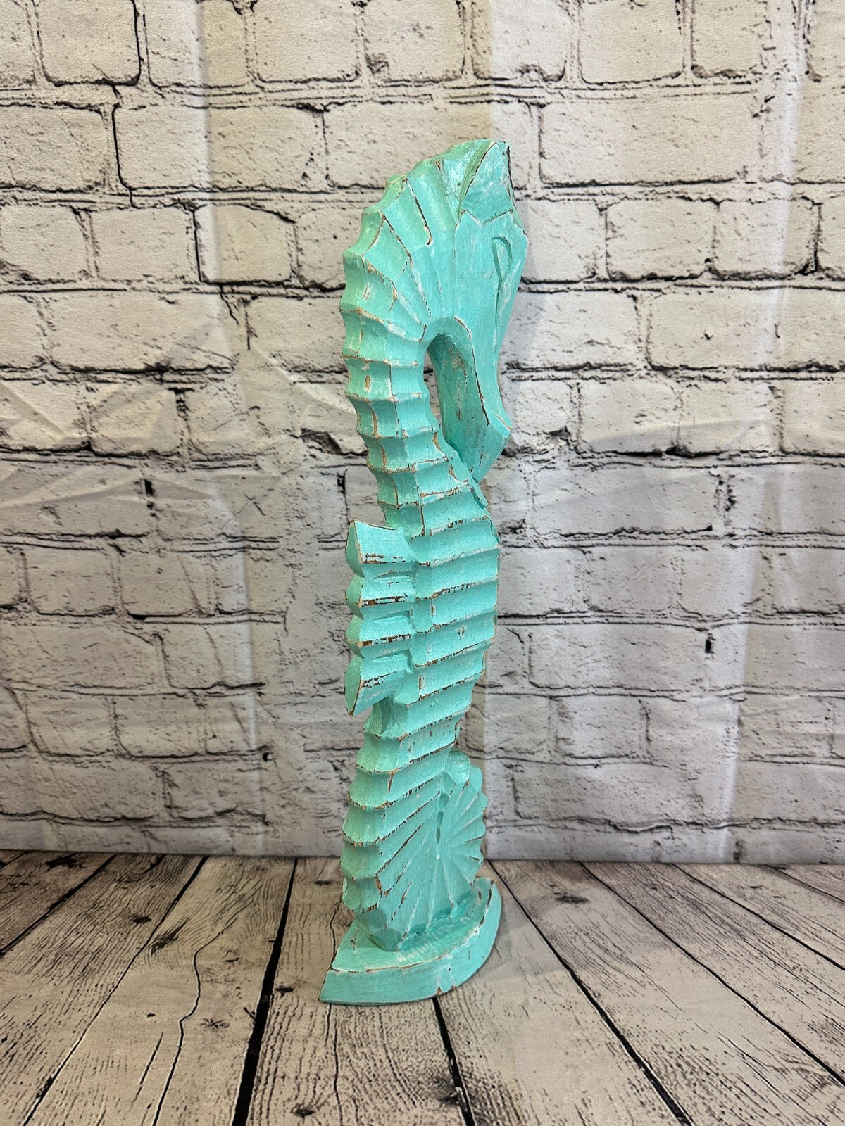 50cm Green Plain Wooden Shabby Seahorse Statue Ornament Fair Trade Handcarved