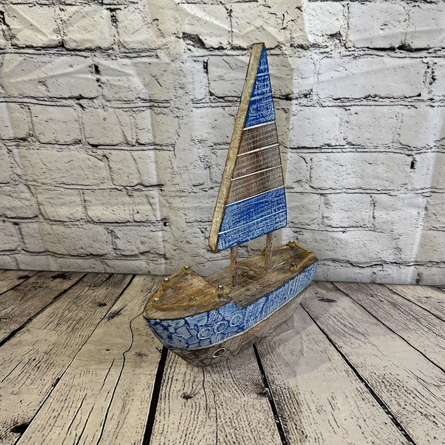 35cm Rustic Wooden Brown & Blue Sailing Boat Nautical Ornament Sculpture Decor