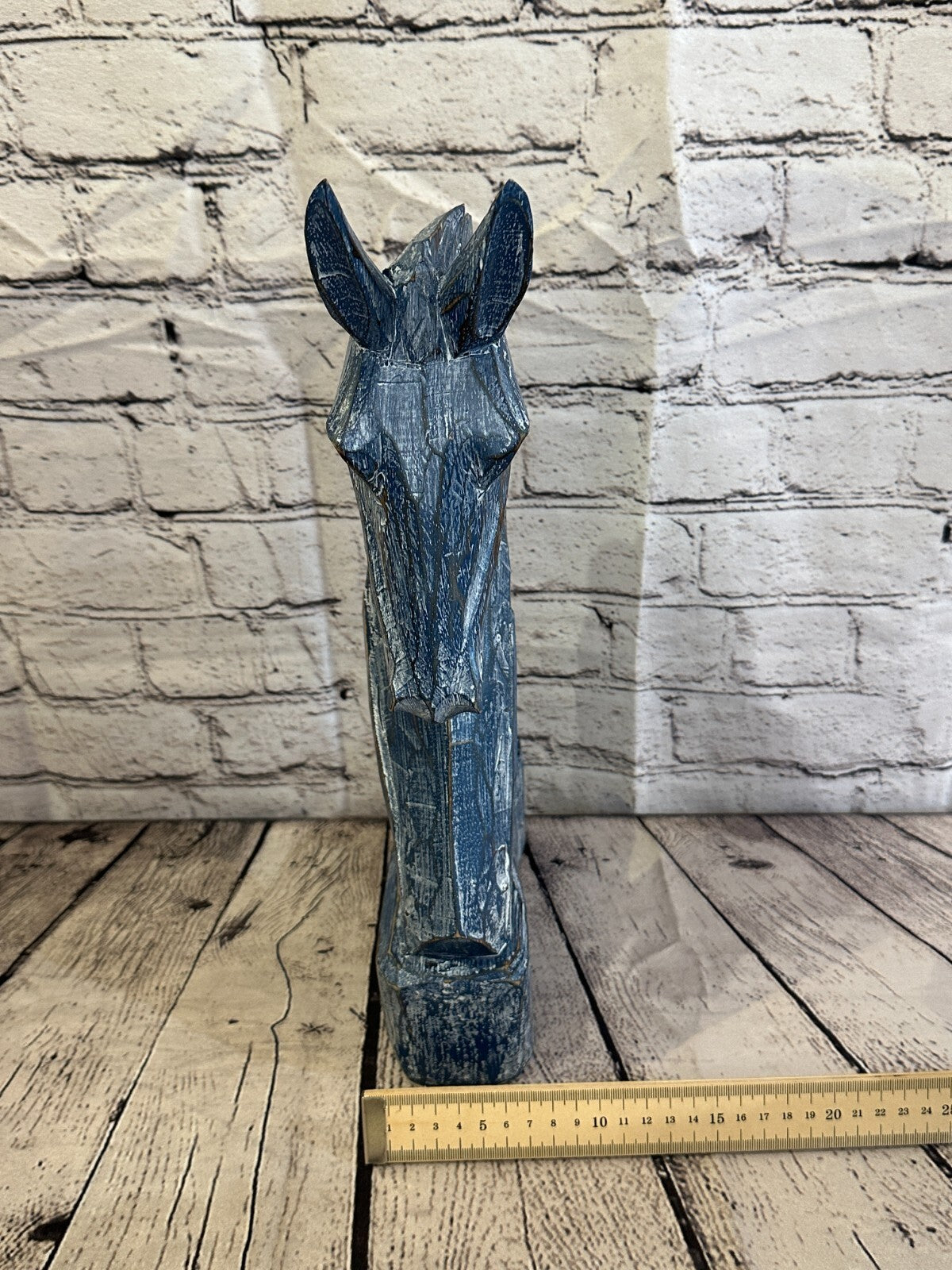 Blue Wooden 40cm x 20cm Horse Head Bust Hand Carved Wood Sculpture