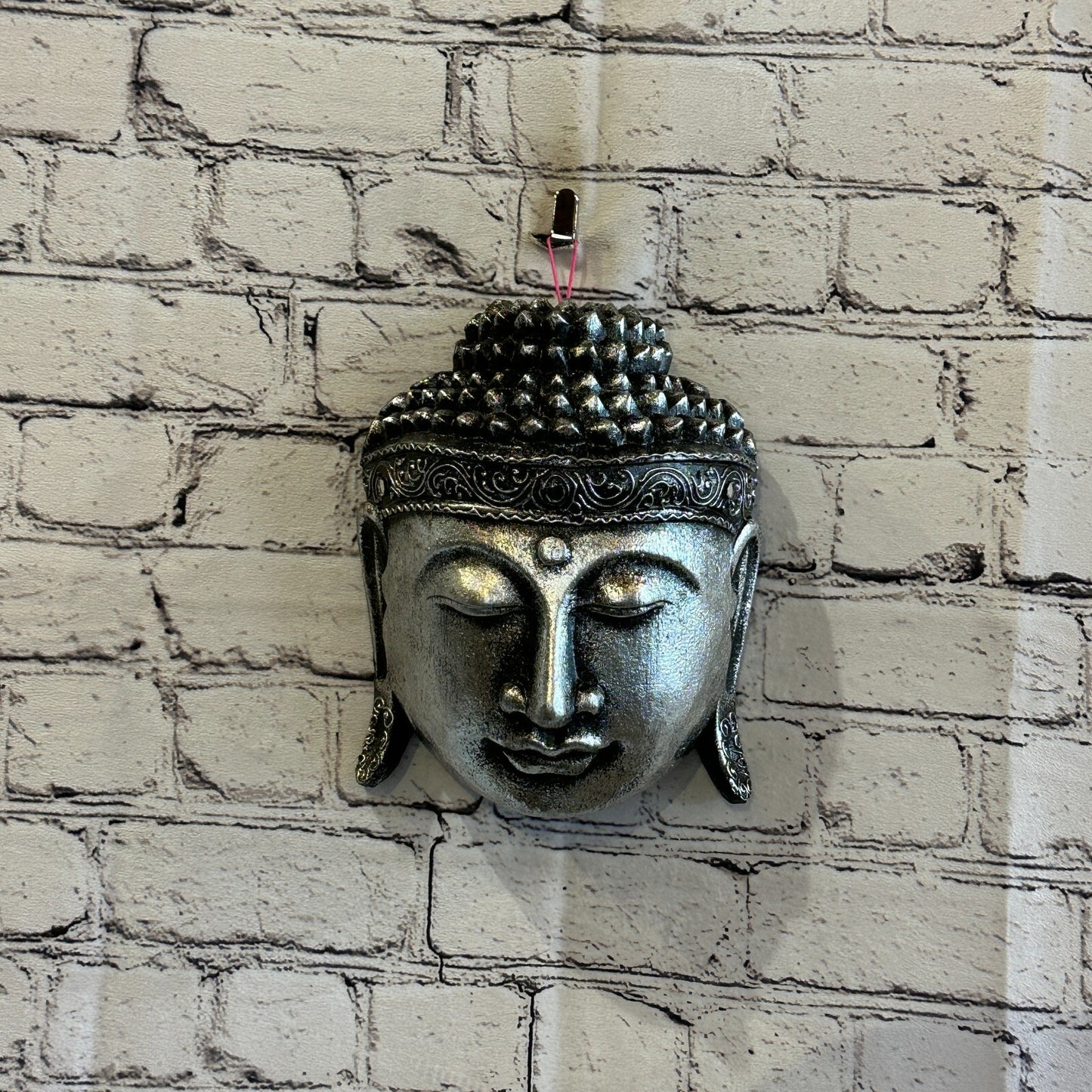 20cm Silver Buddha Head Mask Wooden Hanging Statue Figurine Ornament Fair Trade