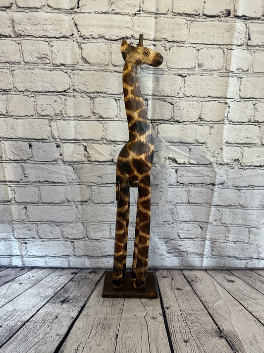 60cm Burnt Pattern Wood Giraffe Tall Statue Wood Modern Hand Carved Painted