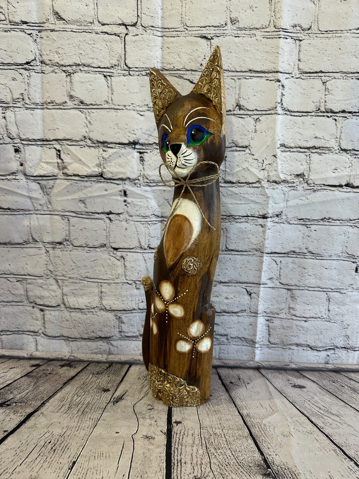 50cm Brown Swirl Flower Wooden Shabby Cat Statue Ornament Fair Trade Handcarved
