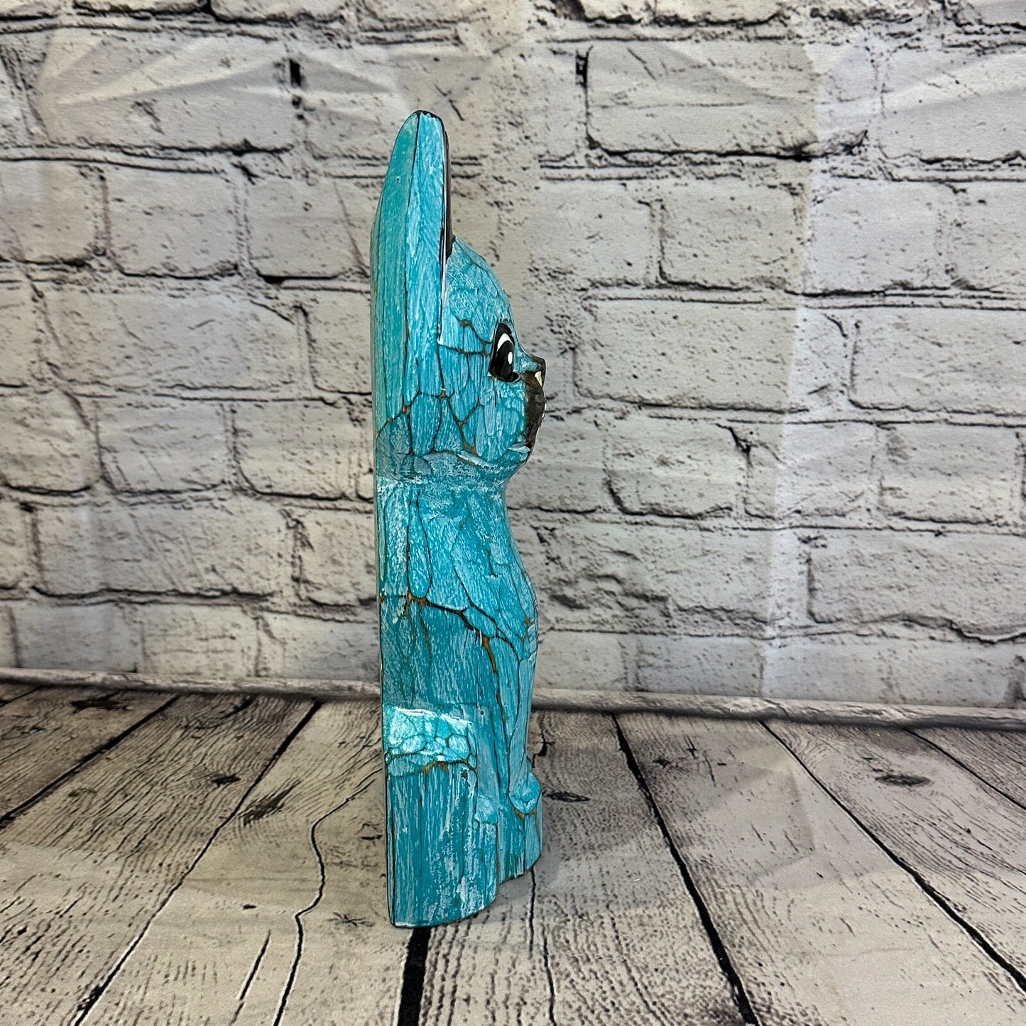 30cm x 12cm Green Flower Wooden Shabby Cat Statue Ornament Fair Trade Handcarved