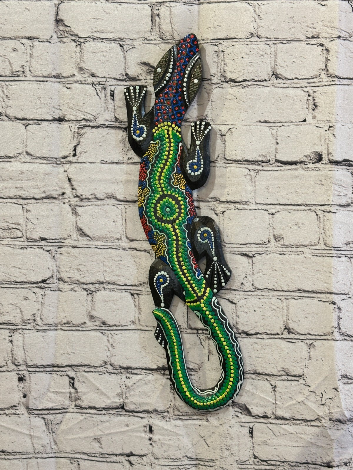 50cm Gecko Carved Wooden Dot Painted Ethnic Tribal Tiki Wall Handmade No 2
