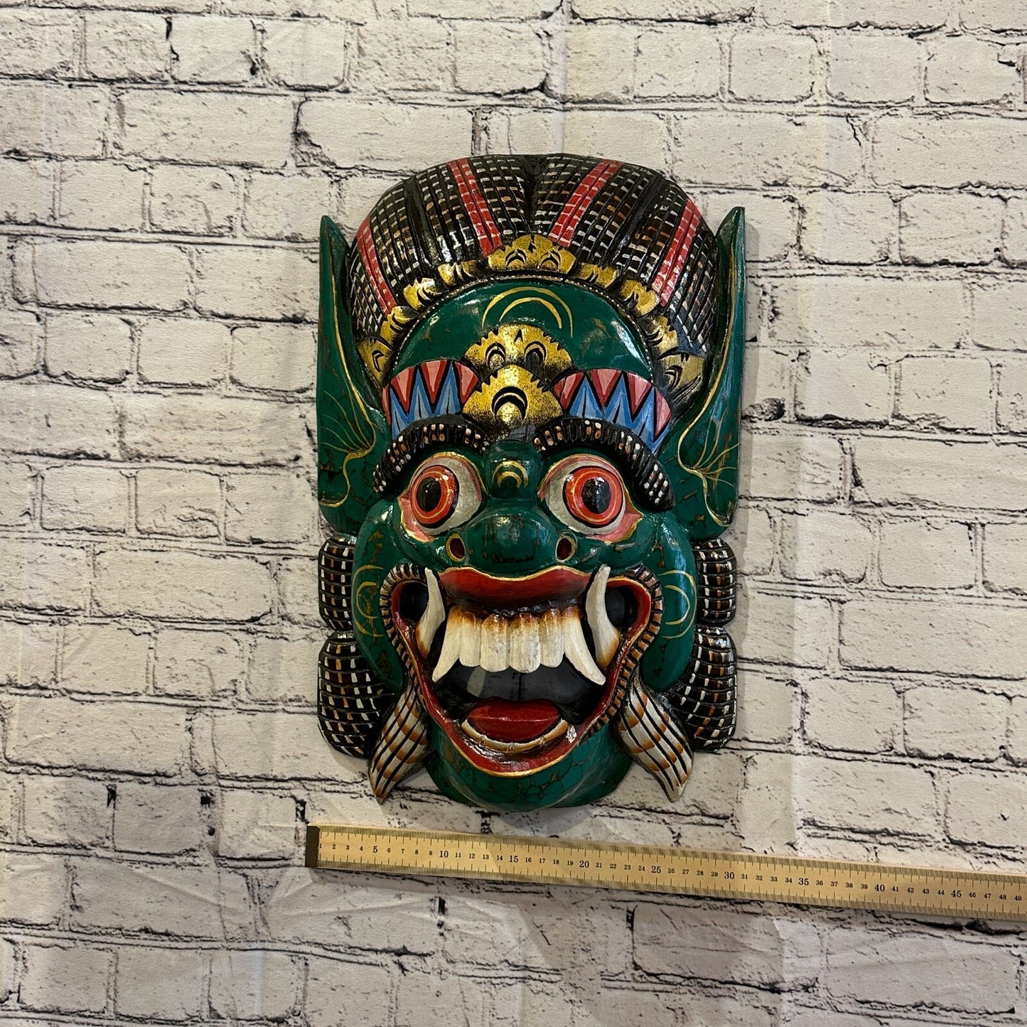 Large Wooden Green Barong Wall Mask 50cm x 30cm Handmade And Fairtrade