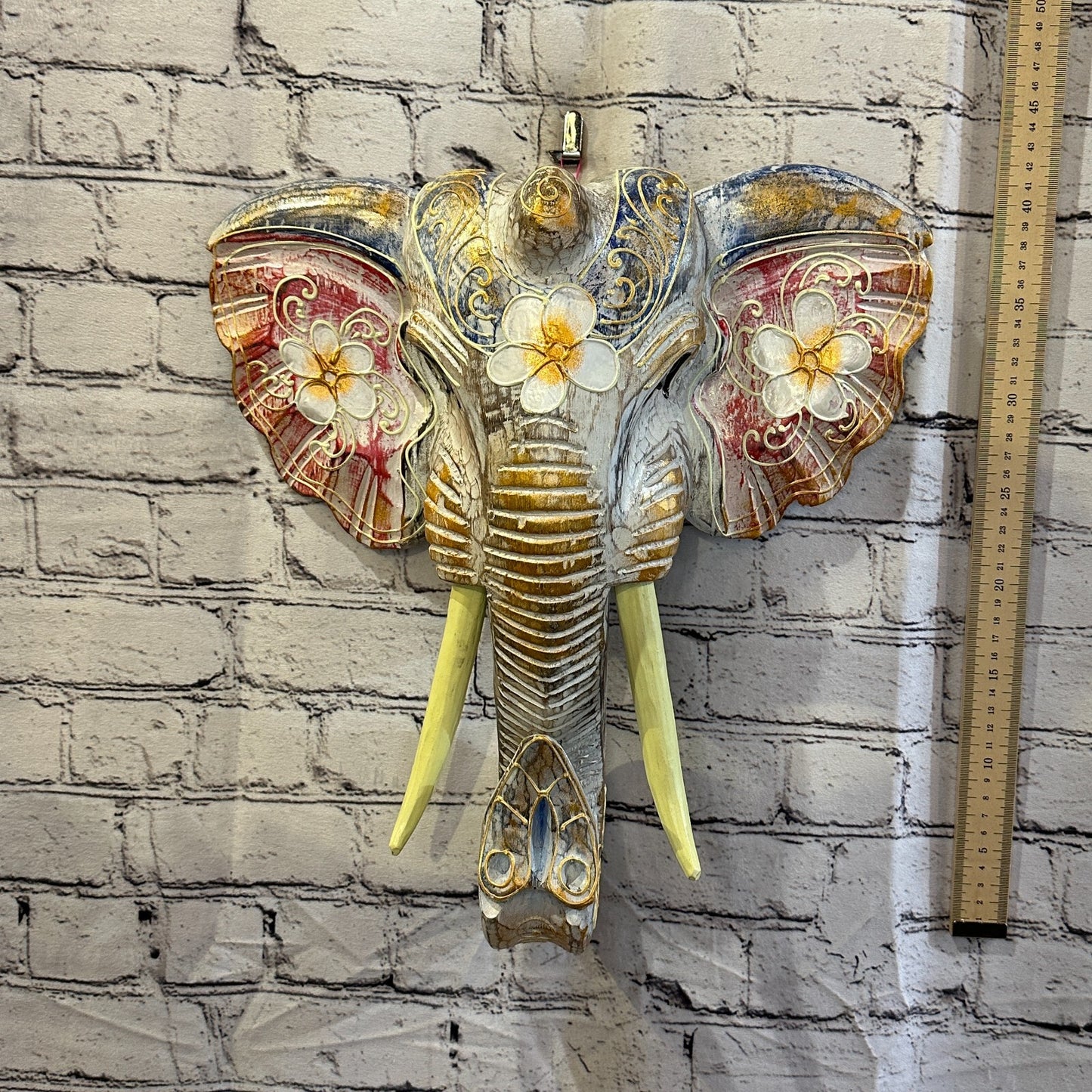 40cm x 35cm Pink Flower Painted Wood Elephant Head Wall Mounted Art Shabby