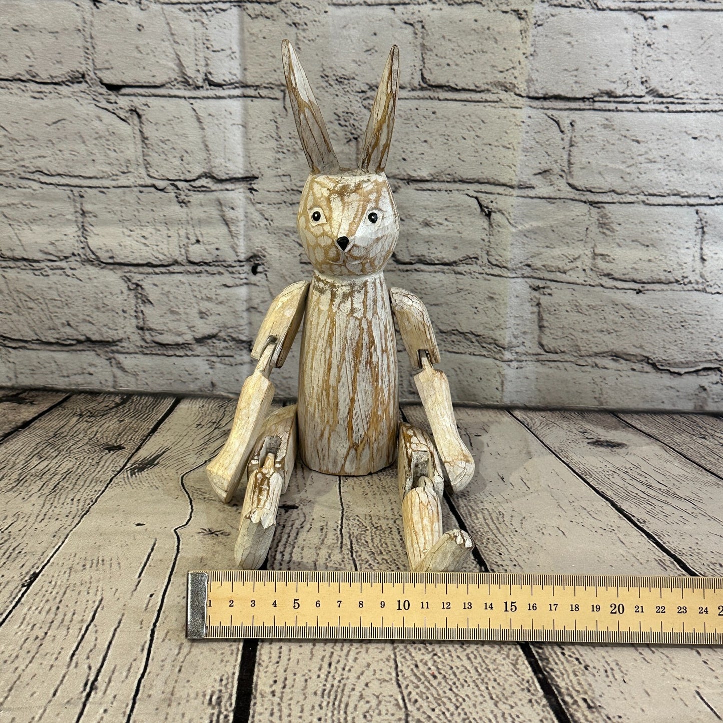 25cm Shabby White Rabbit Sitting Animal Wooden Shelf Ornament Handmade Fairtrade