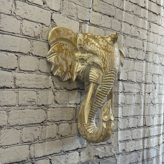 40cm x 35cm Cream White Carved Wood Elephant Head Wall Mounted Art Large Shabby