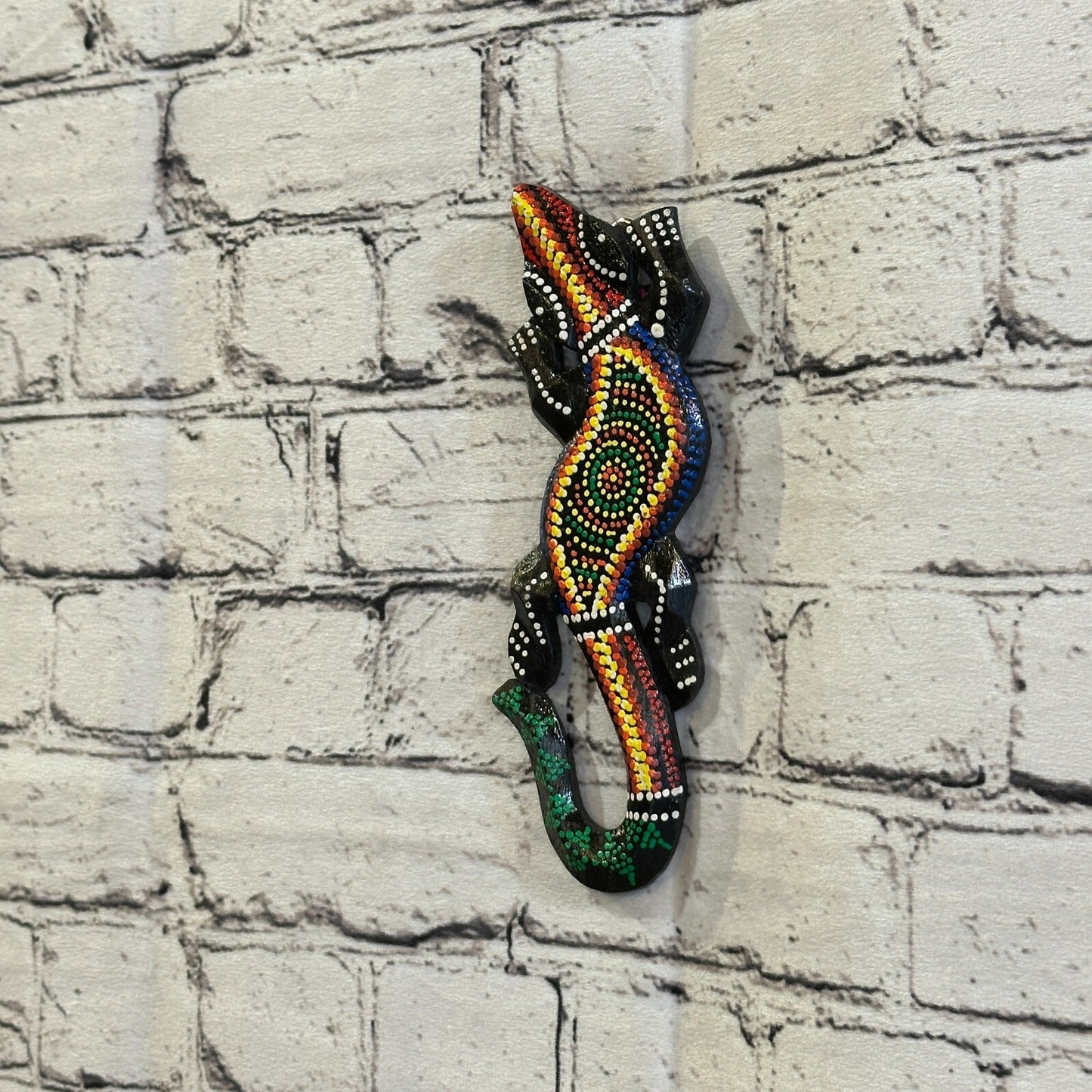 20cm Gecko Carved Wooden Dot Painted Ethnic Tribal Tiki Wall Handmade No 3