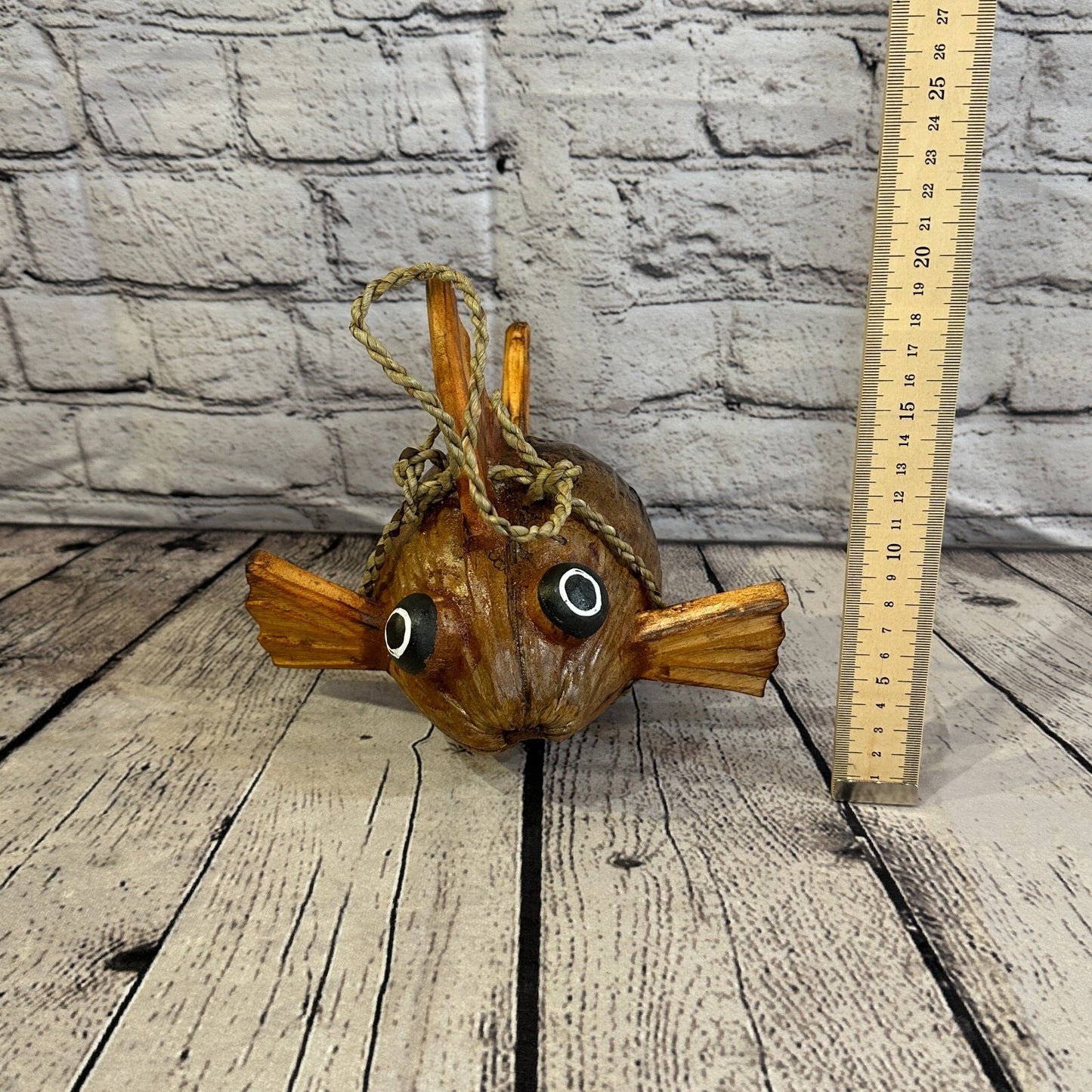 Plain Brown Folk Art Hand Painted Puffer Fish Coconut Shell Ornaments Hanging