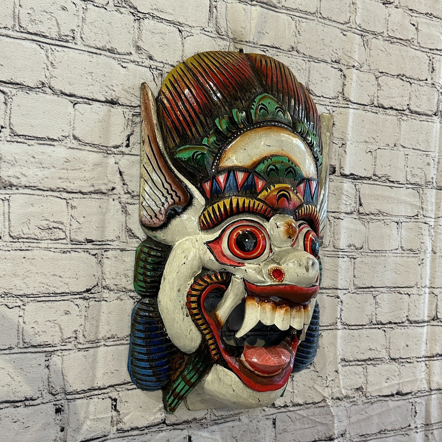Large Wooden White Barong Wall Mask 50cm x 30cm Handmade And Fairtrade