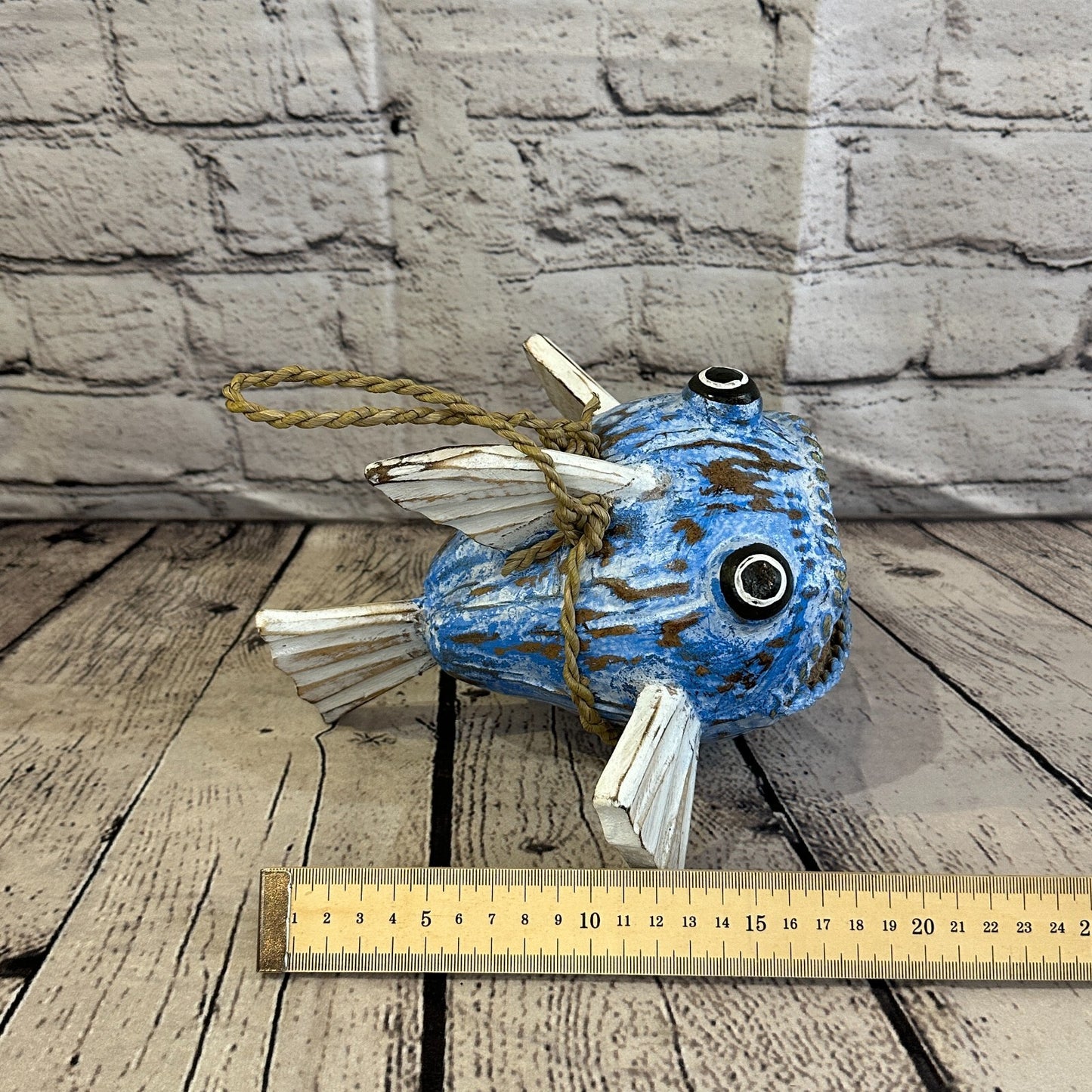 White Blue Folk Art Hand Painted Shark Fish Coconut Shell Ornaments Hanging