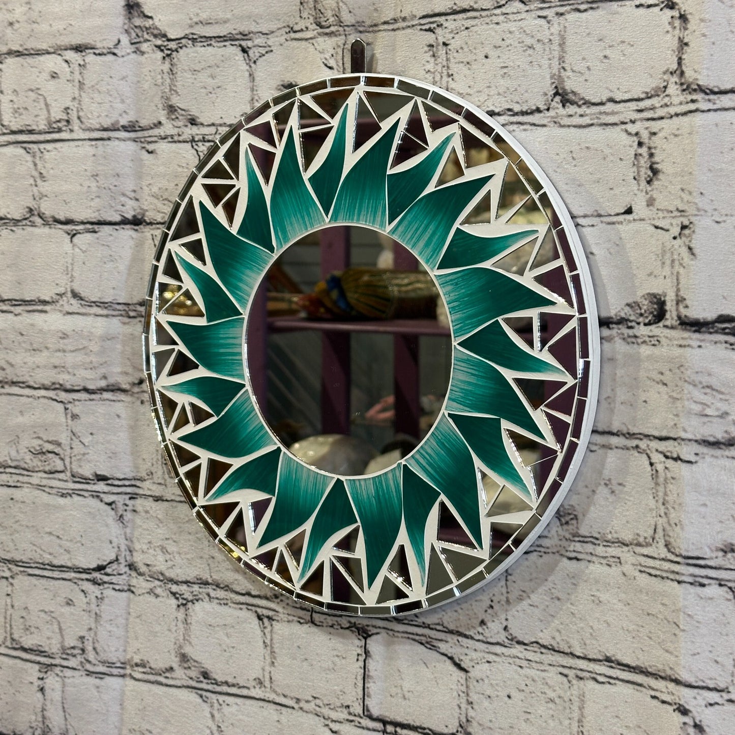 Green Flame Sun Mosaic Tile Wall Mirror 30cm x 30cm 12 Inches Handmade New