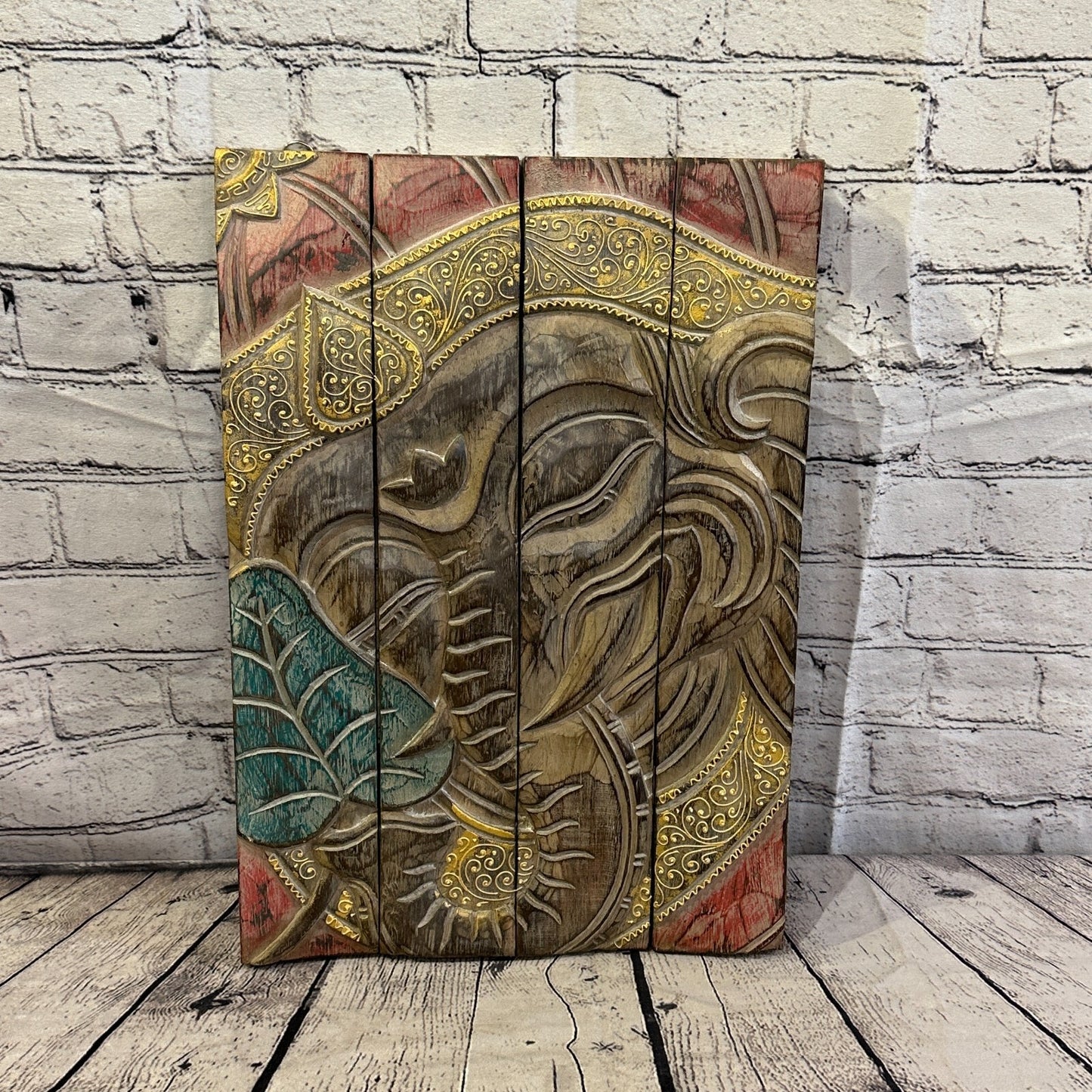 Wooden Wood Panel 45cm Pastel Colour Ganesh Lotus Wall Art Plaque Handcarved