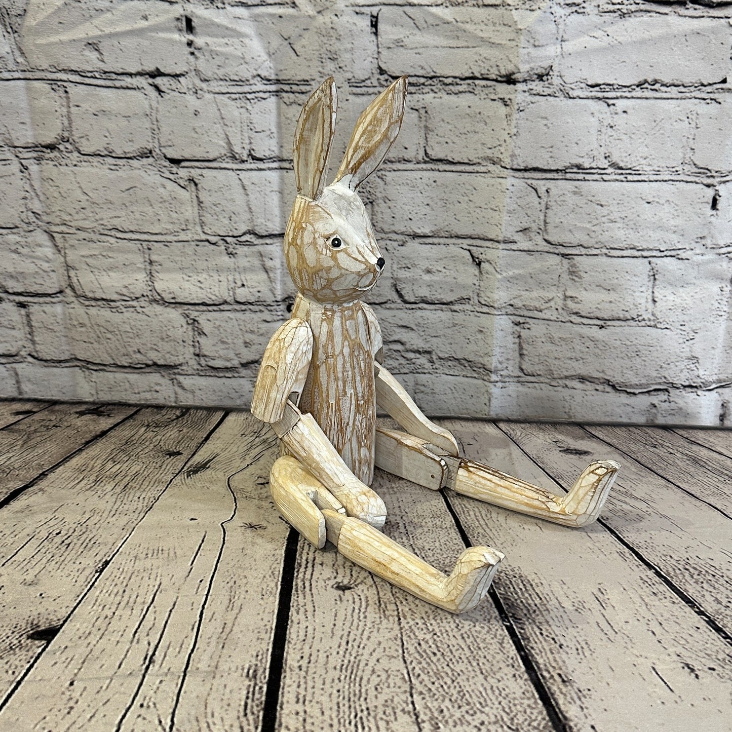 30cm Shabby White Rabbit Sitting Animal Wooden Shelf Ornament Handmade Fairtrade