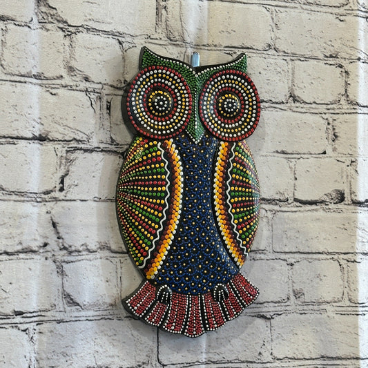 30cm Owl Carved Wooden Dot Painted Ethnic Tribal Tiki Wall Art Handmade No 2