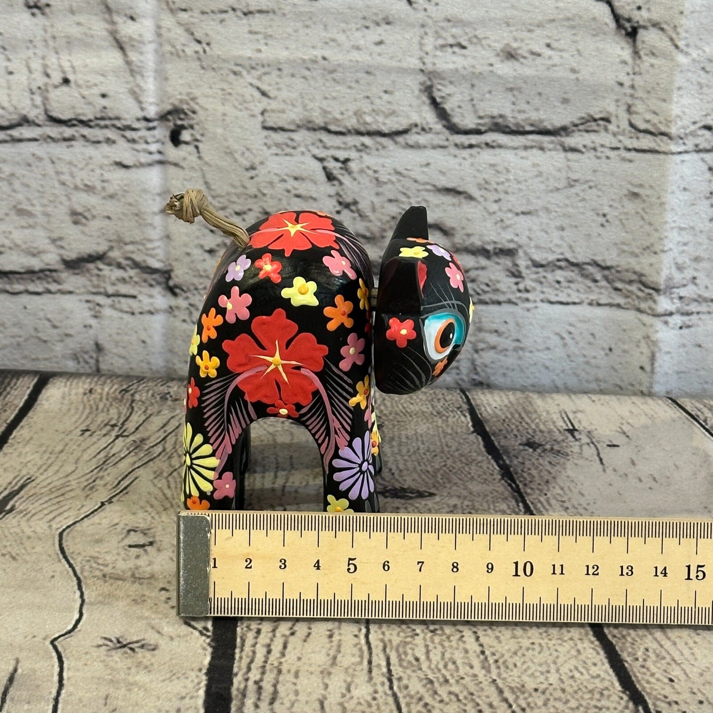 Black Small Wooden Cat With Flower Pattern 10cm x 8cm Handmade and Fairtrade