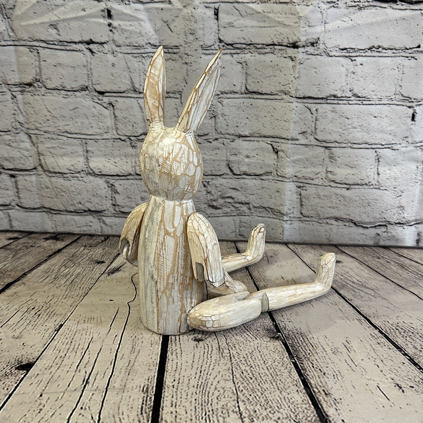 30cm Shabby White Rabbit Sitting Animal Wooden Shelf Ornament Handmade Fairtrade