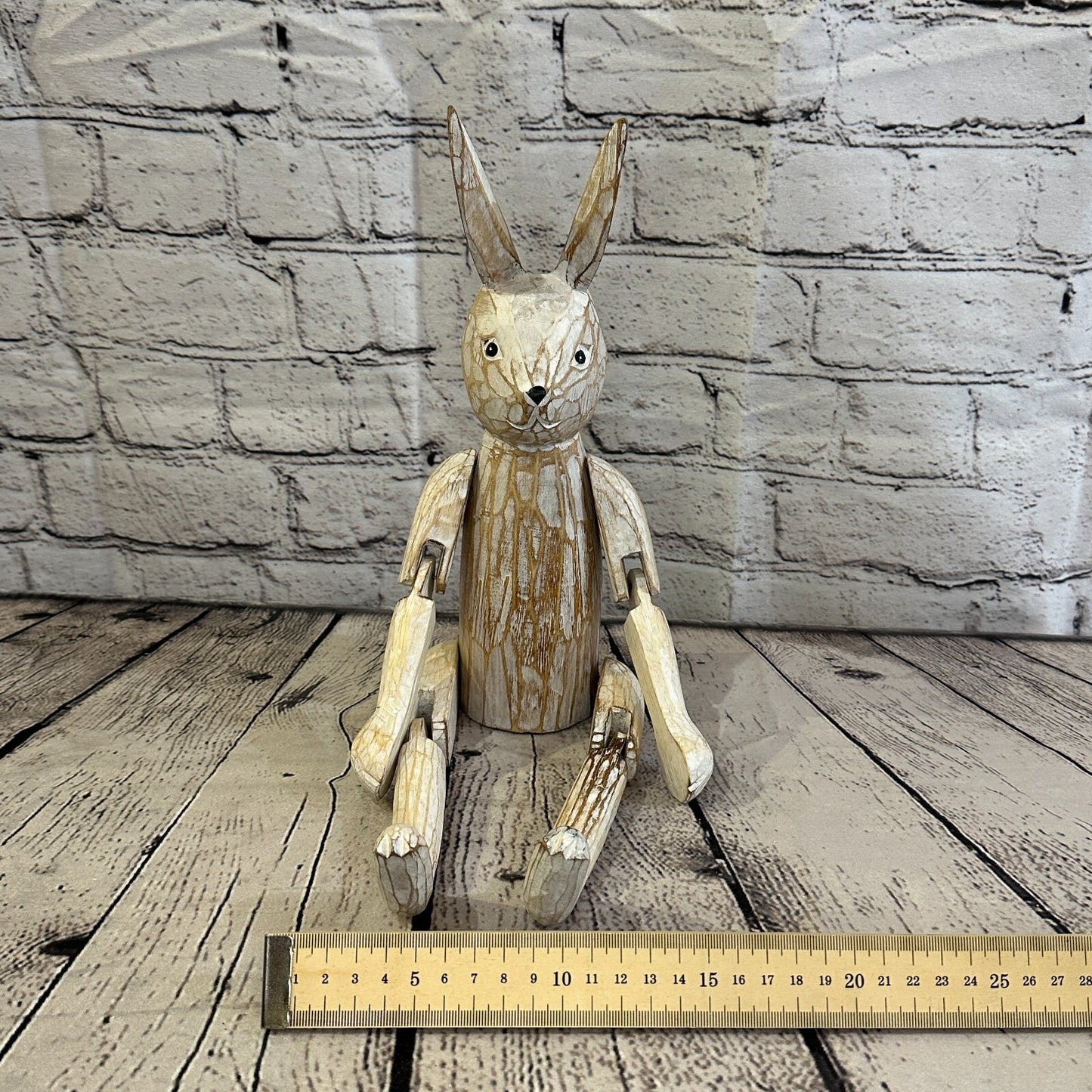 30cm Shabby White Rabbit Sitting Animal Wooden Shelf Ornament Handmade Fairtrade